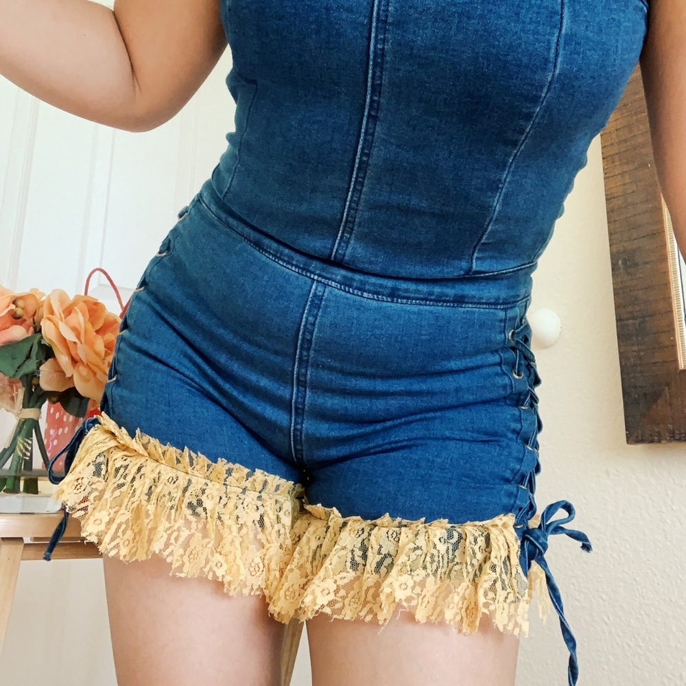 Denim with lace overalls